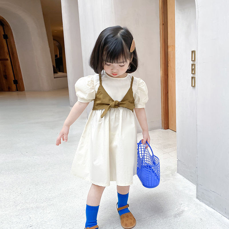 80 130 韓国 オシャレ 半袖 切り替え パフスリーブ 子供 服 女の子 ワンピース