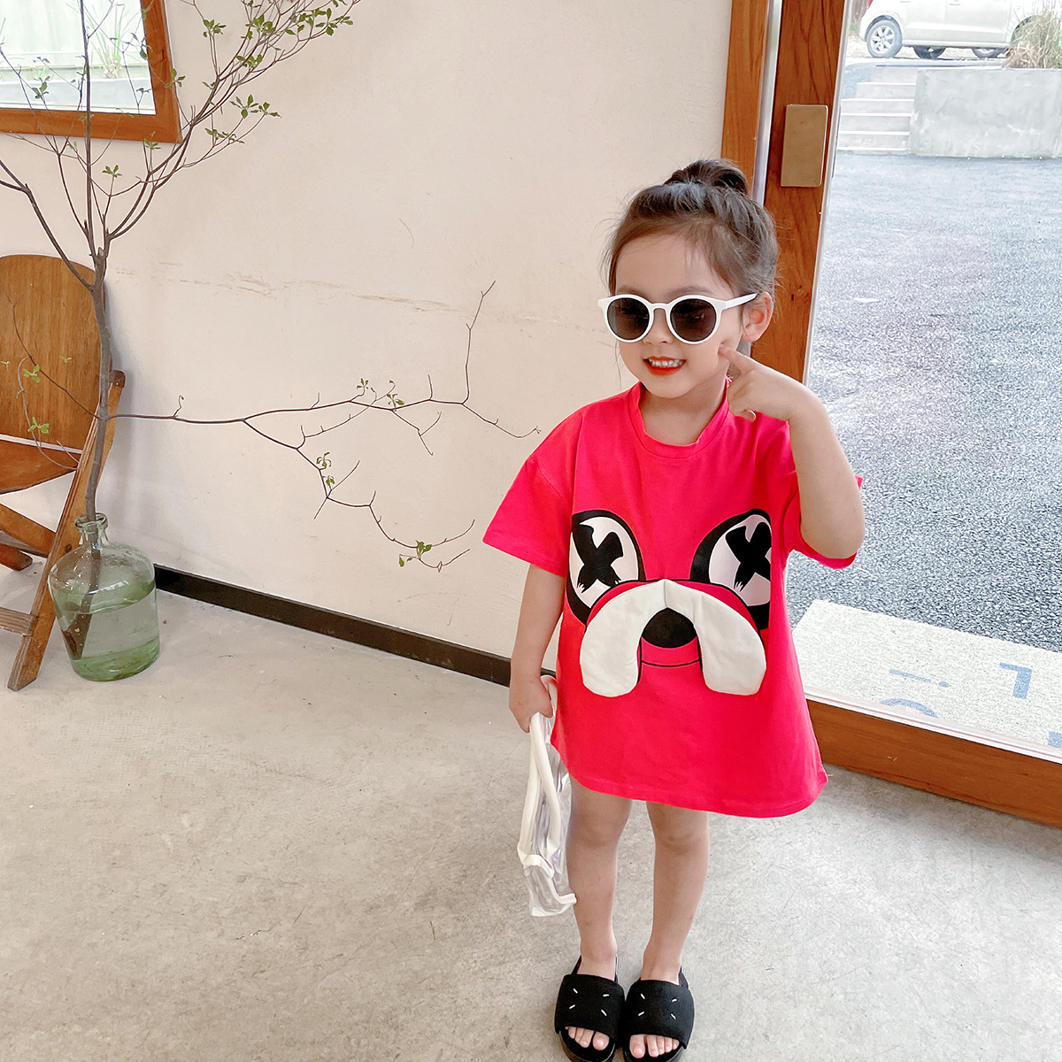 90 130 可愛い 韓国 カートゥーン 半袖 夏 子供 服 女の子 ワンピース Hop Com