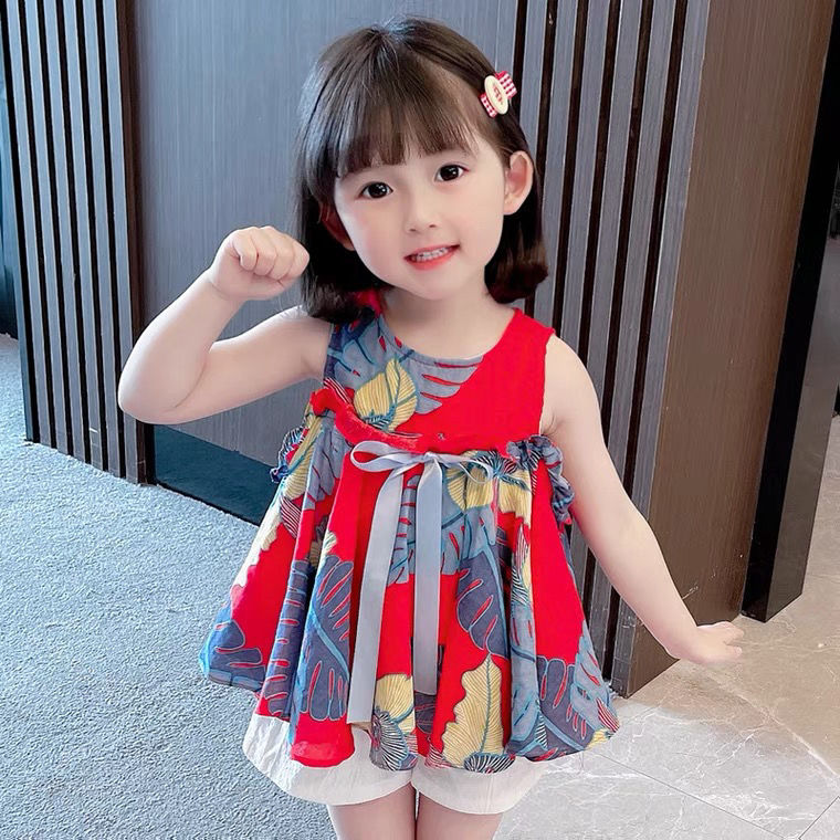 90 130 清新 可愛い 韓国 プリント リボン飾り 夏 上下セット 子供 服 女の子 2点セットアップ