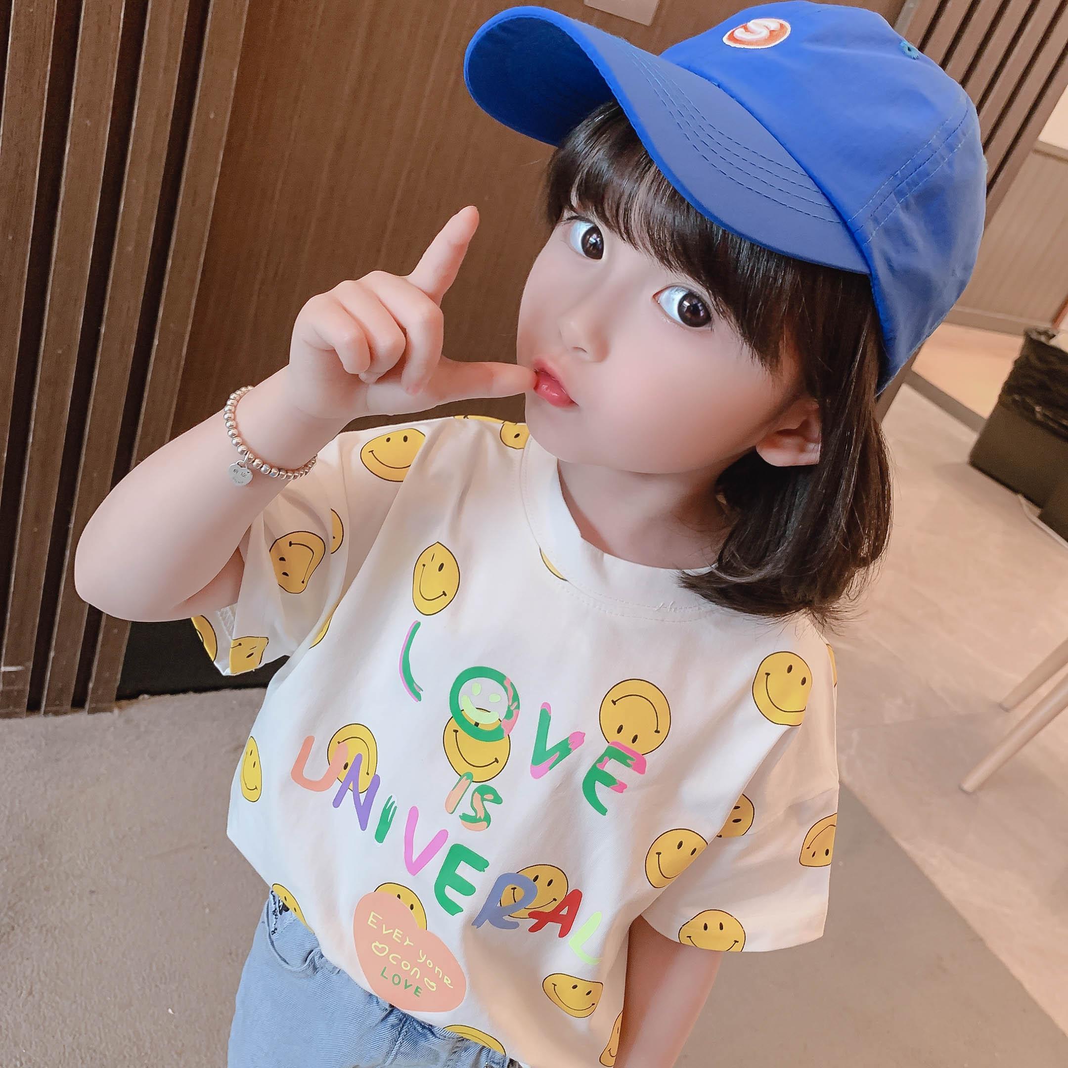 80 130 韓国 可愛い 笑顔 カートゥーン プリント 夏 子供 服 女の子 半袖 ｔシャツ