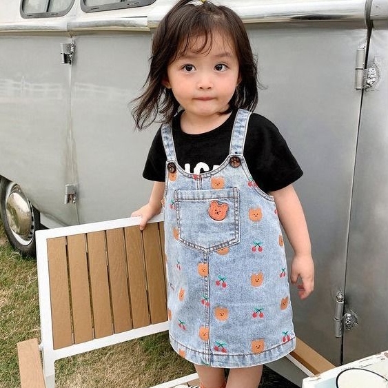 80 1 可愛い 韓国 クマ アップリケ 子供 服 女の子 サロペット スカート