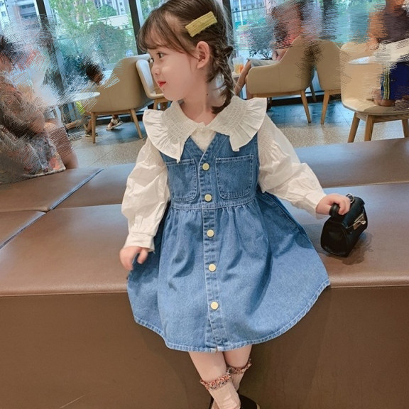 90 130 単品注文 可愛い 韓国系 無地 シャツ デニム ワンピース 子供 服 女の子 セットアップ