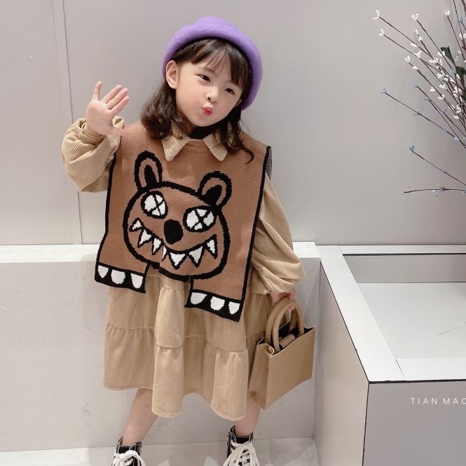 90 140 可愛い 韓国系 カートゥーン ニット ベスト コーデュロイ ワンピース 子供 服 女の子 2点セットアップ Hop Com